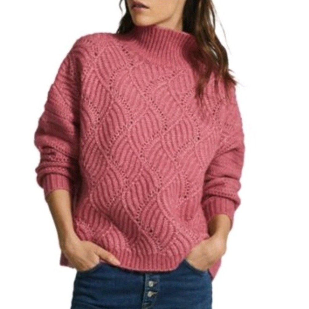 Reiss Ola Oversized Alpaca Wool Mix Xs Open Knit Sweater Pink High Neck Modest